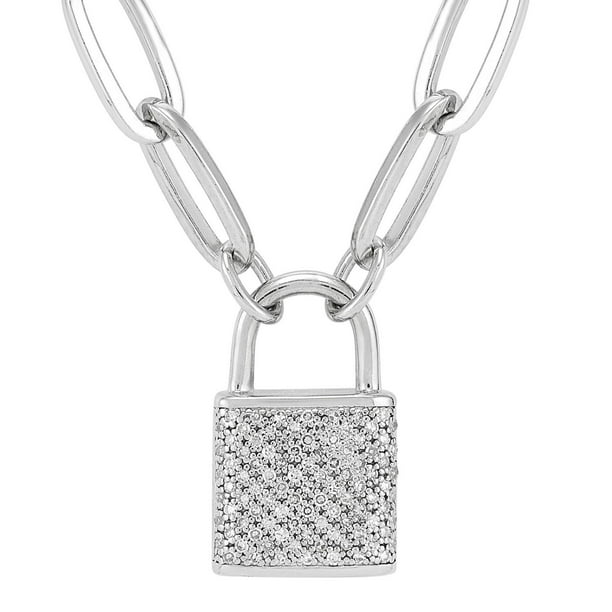 Sterling Silver 0.29 CT T.W. Diamond Padlock Paperclip Necklace