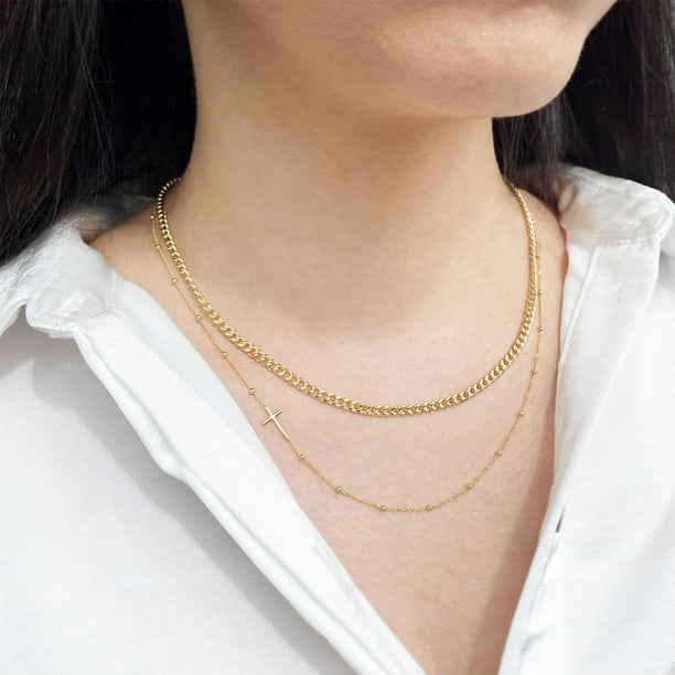 Sideway Cross Beaded Station Chain Necklace in 14K Gold