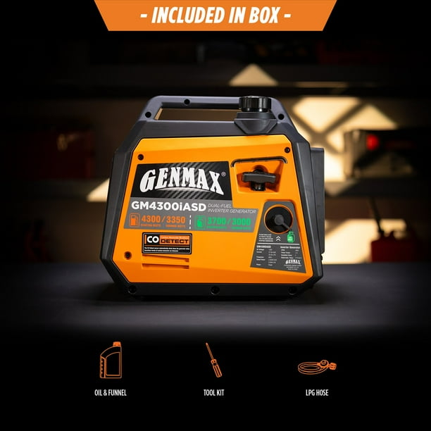 Genmax Portable Inverter Generator, 4300-Watt Dual Fuel, Light