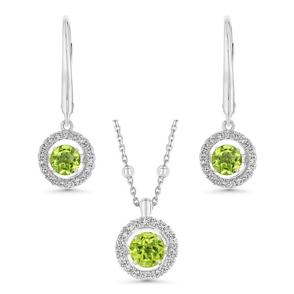 Round Cut Lab Created Gemstone Dancing Pendant & Earring Set in Sterling Silver