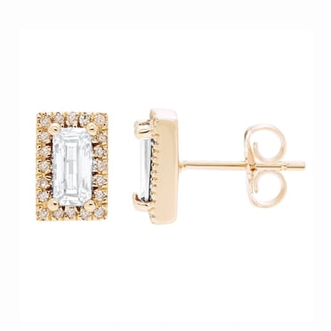 Baguette Cut Gemstone & 0.12 CT. TW Diamond Stud Halo Earrings in 14K Gold