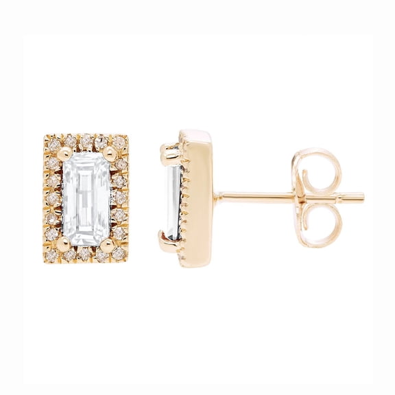 Baguette Cut Gemstone & 0.12 CT. TW Diamond Stud Halo Earrings in 14K Gold