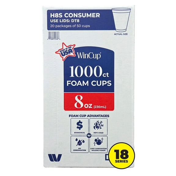 WinCup Foam Drink Cups 18 series, White, 8 oz., 1000 ct.