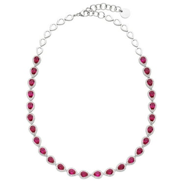 Pear Cut Lab Created Gemstone Halo Tennis Necklace in Sterling Silver
