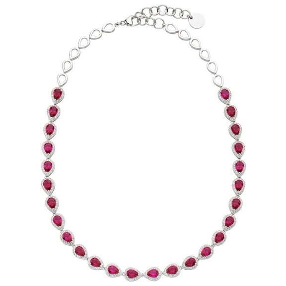 Pear Cut Lab Created Gemstone Halo Tennis Necklace in Sterling Silver