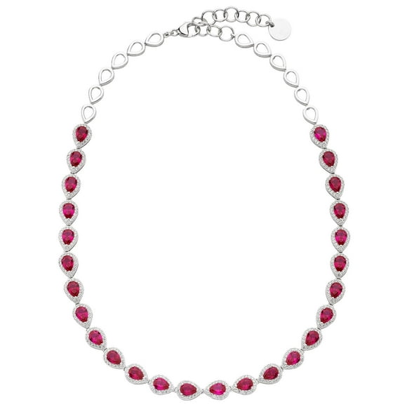 Pear Cut Lab Created Gemstone Halo Tennis Necklace in Sterling Silver