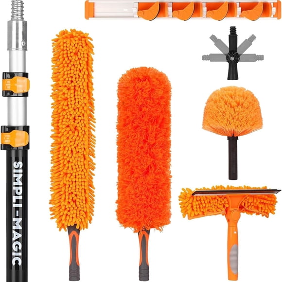 Simpli-Magic Cleaning Kit with Extension Pole (5–12 ft) Duster, Cobweb Remover & Squeegee, 20 ft Max Reach for Household, RV & Car Use