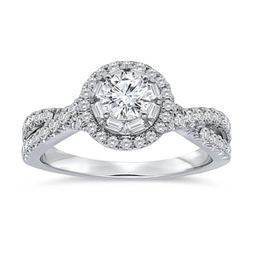 0.95 CT.T.W. Round & Baguette Diamond Bridal Ring in 14K White Gold