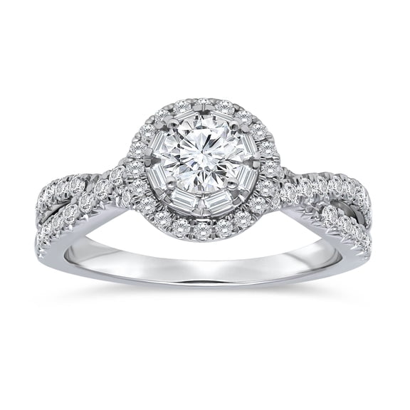0.95 CT.T.W. Round & Baguette Diamond Bridal Ring in 14K White Gold