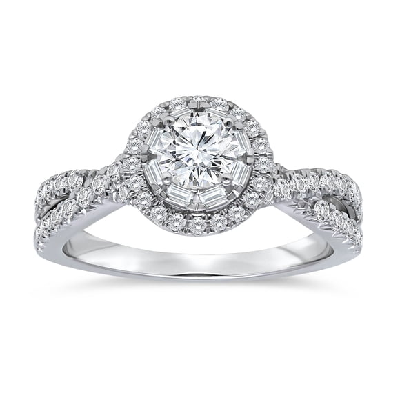 0.95 CT.T.W. Round & Baguette Diamond Bridal Ring in 14K White Gold