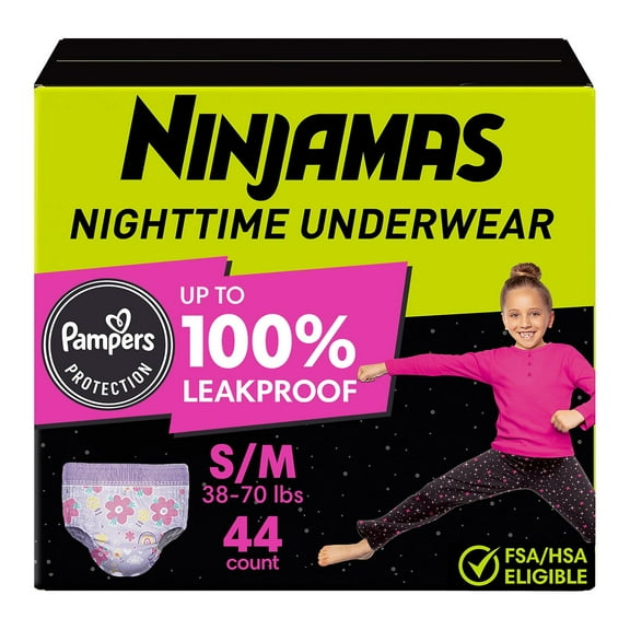 Ninjamas Nighttime Bedwetting Underwear for Girls, Sizes Small-Extra Large
