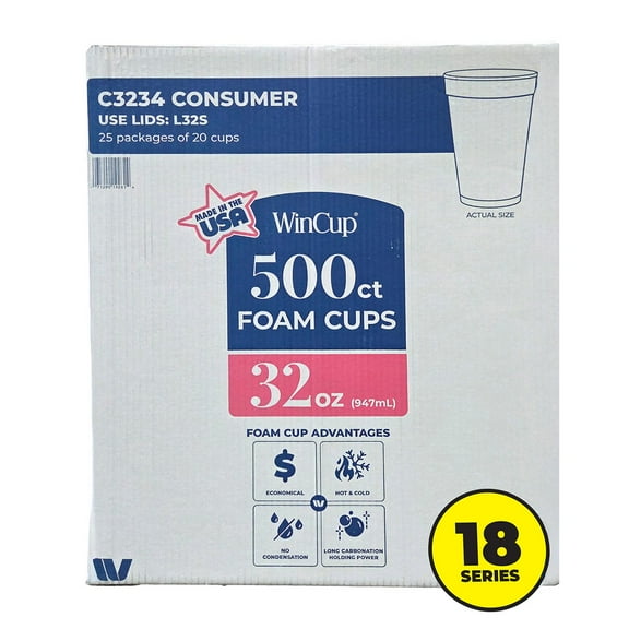 WinCup Foam Drink Cups 18 Series, White, 32 oz., 500 ct.