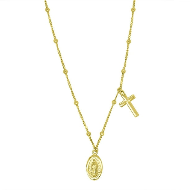 14K Yellow Gold Lady of Guadalupe and Cross Necklace, 16