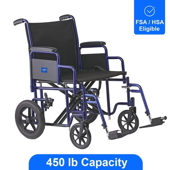 Medline Heavy Duty Transport Chair supports up to 450 lbs., 22" x 18" seat, Blue