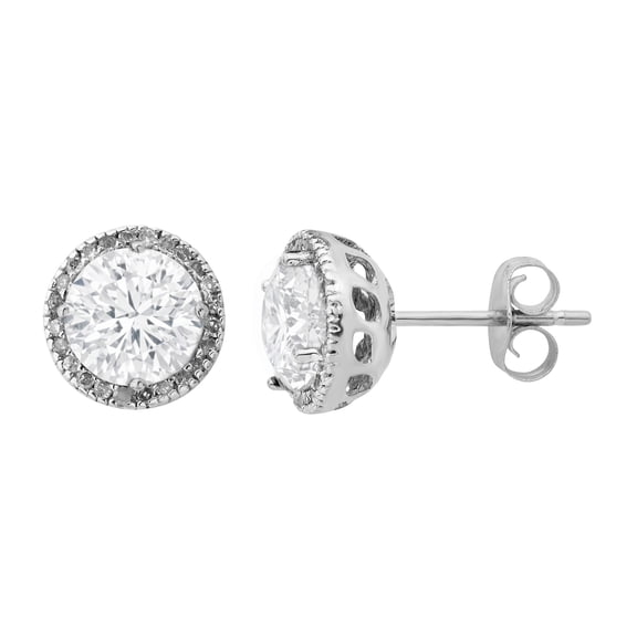 Round Cut Gemstone & 0.13 CT. TW Diamond Stud Halo Earrings in Sterling Silver