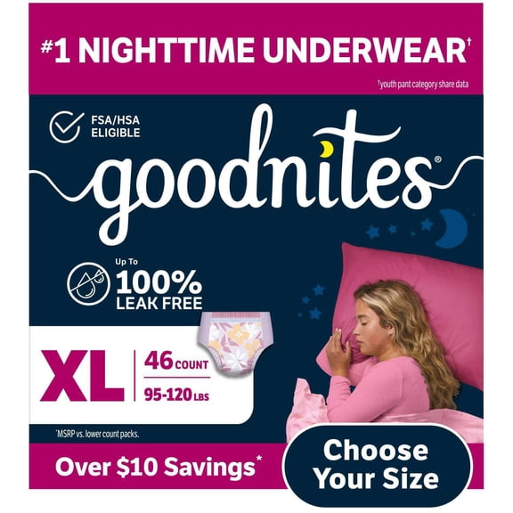 Goodnites Nighttime Bedwetting Underwear for Girls, Sizes Extra Small - Extra Extra Large