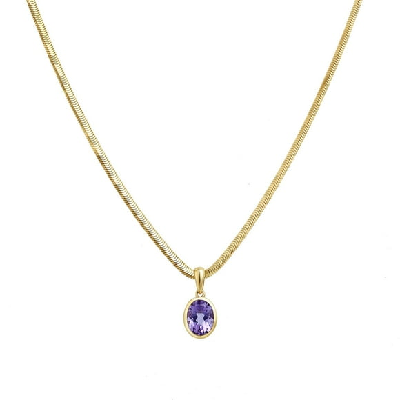 Oval Amethyst Pendant Snake Chain Necklace in 14K Gold