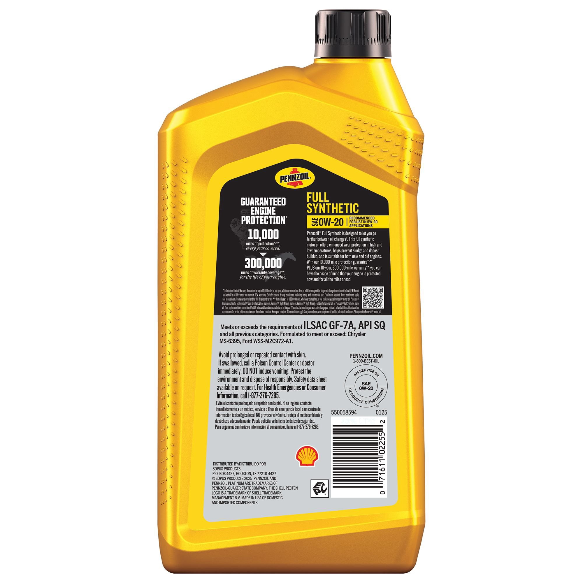 Pennzoil Full Synthetic 0W-20 Motor Oil 6 Pack/1 Quart Bottles