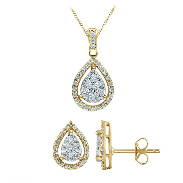 トップス　ろくsama 0.96 CT. T.W. Diamond Earring and Pendant Necklace Set in