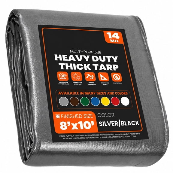 Heavy Duty 8' x 10' Tarp Cover, Waterproof, UV Resistant, Rip and Tear Proof, Poly Tarpaulin with Reinforced Edges for Roof, Camping, Patio, Pool, Boat, Assorted Mil & Colors