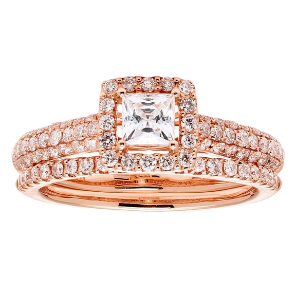 1.00 CT. T.W. Princess Diamond Halo Bridal Set in 14K Gold