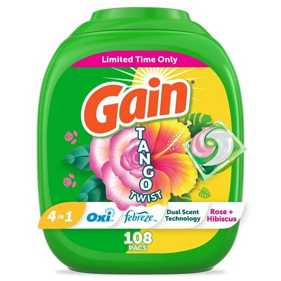 Gain Flings Tango Twist Laundry Detergent Pacs, Rose + Hibiscus Scent, 108 ct.