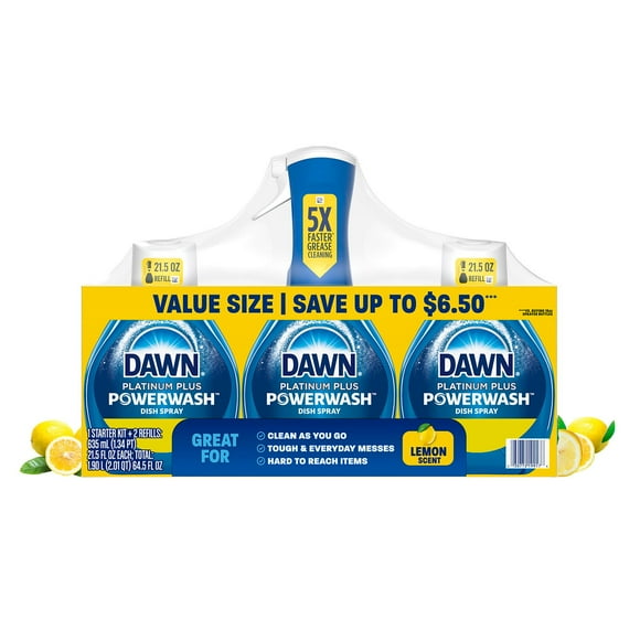Dawn Platinum Plus Powerwash Dish Spray Bottle Set, Lemon Scent, 1 Spray Bottle + 2 Refills, 64.5 fl. oz.
