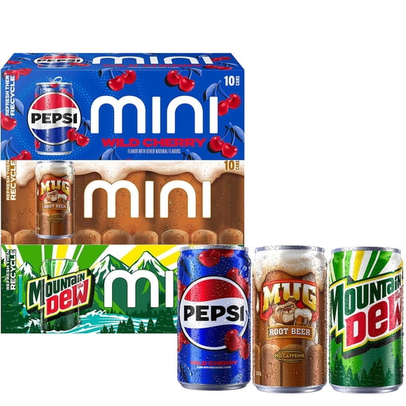 Pepsi Wild Cherry, Mountain Dew and Mug Root Beer Soda Mini Variety Pack, 7.5 fl oz., 30 pk.