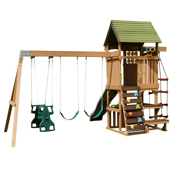 KidKraft Summerside Wooden Outdoor Swing Set with Steeple Climber