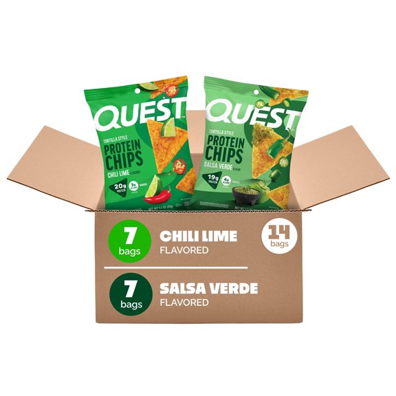 Quest Tortilla Style 10-20g Protein Chip Variety Pack, Salsa Verde and Chili Lime, 14 ct.