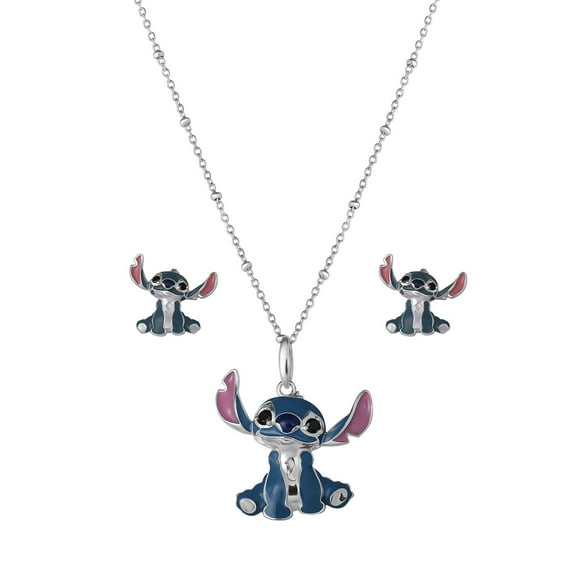 Lilo and Stitch Stud Earring and Pendant Necklaces Set in Sterling Silver