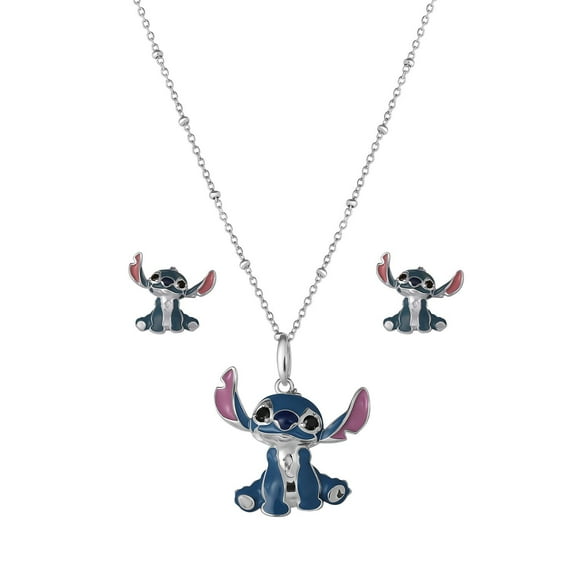 Lilo and Stitch Stud Earring and Pendant Necklaces Set in Sterling Silver