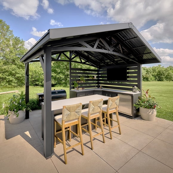 Range Covered Appliance-Ready Outdoor Kitchen w/ Refrigerator & Sink
