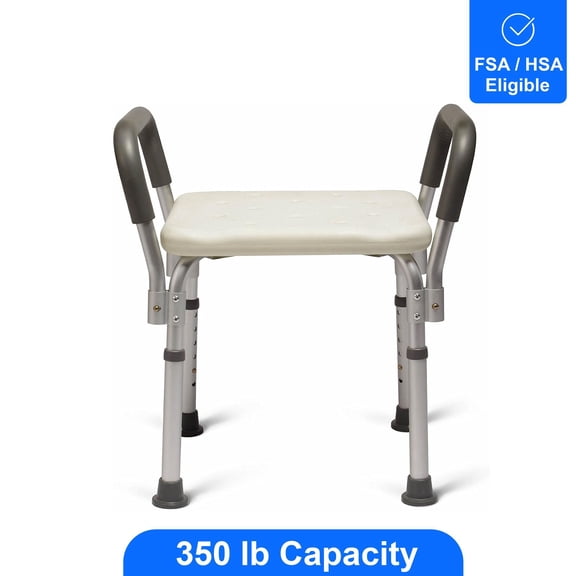 Medline Bath Bench with Padded Armrests, 350 lb Capacity, Height Adjustable 16" - 21"