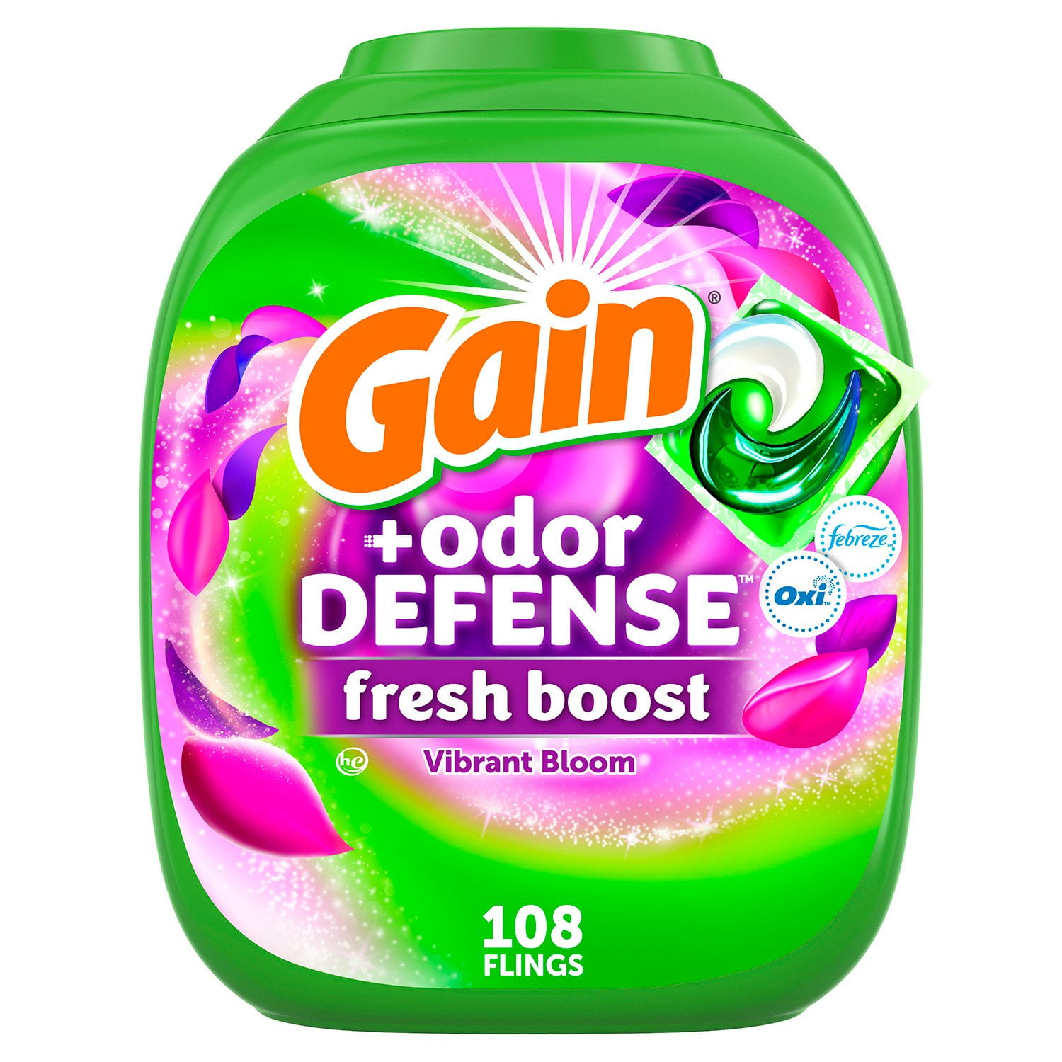Gain Flings! Odor Defense Fresh Boost Laundry Detergent Pacs, Vibrant Bloom,  108 ct