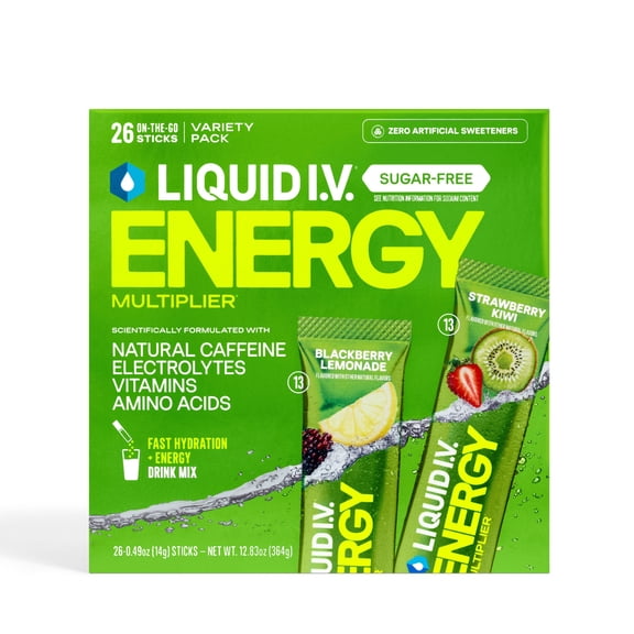 Liquid I.V. Sugar-Free Hydration + Energy Electrolyte Powder Drink Mix, Blackberry Lemonade & Strawberry Kiwi Variety Pack, 26 pk.