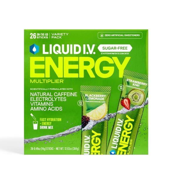 Liquid I.V. Sugar-Free Hydration + Energy Electrolyte Powder Drink Mix, Blackberry Lemonade & Strawberry Kiwi Variety Pack, 26 pk.