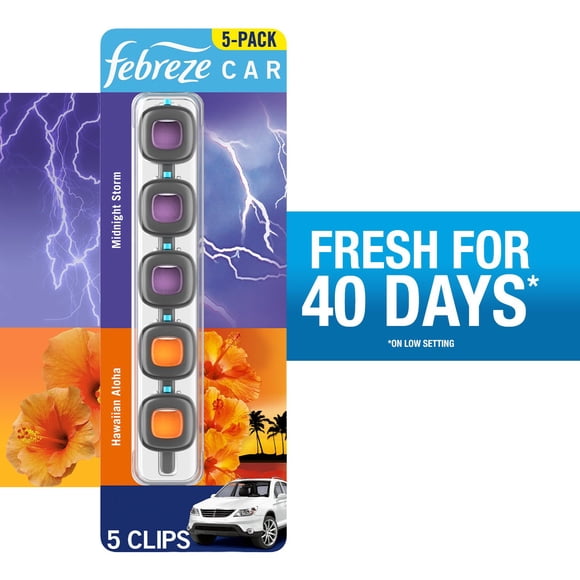 Febreze Car Air Freshener Vent Clips, Midnight Storm and Hawaiian Aloha, 5 ct.