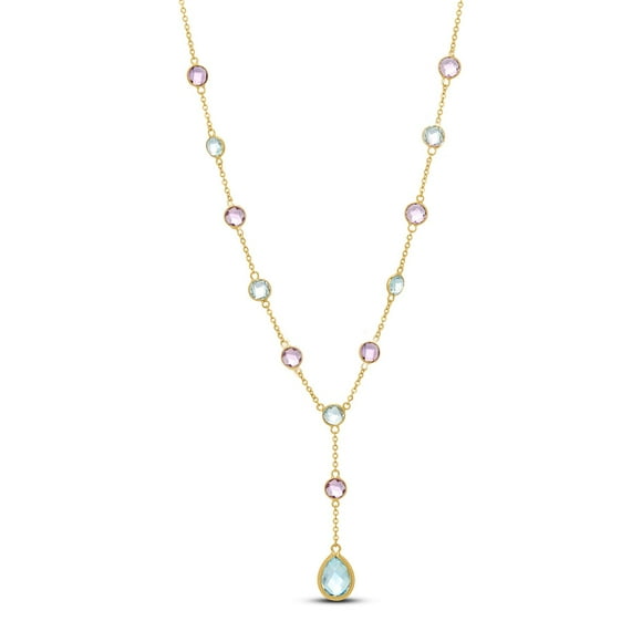 Round & Pear Cut Multi-Gemstone Lariat Necklace in 14K Gold