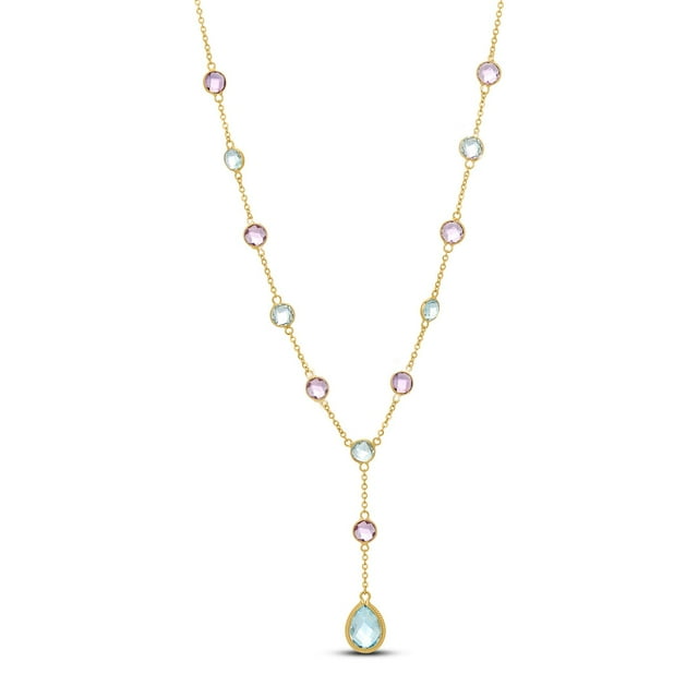 Round & Pear Cut Multi-Gemstone Lariat Necklace in 14K Gold