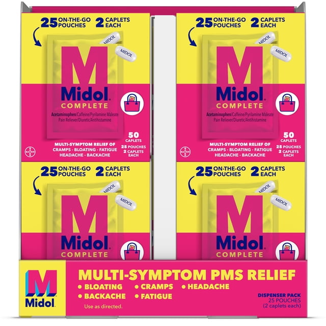 Midol Complete On The Go Caplets for Menstrual Pain Relief, 50 count, (25 packs of 2)