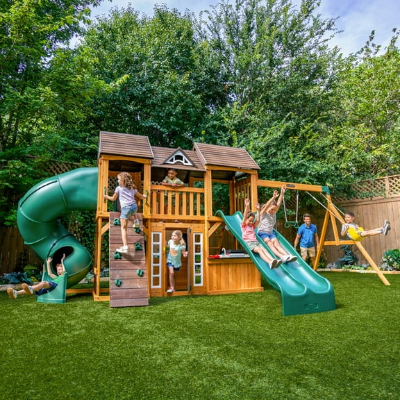 KidKraft Adventure Bend Wooden Swing Set with Three Slides
