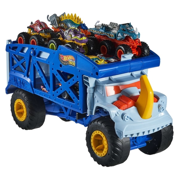 Hot Wheels Monster Trucks Rhino Rig Bundle: 2 Big Rigs, 3 Toy Trucks & 4 Cars, Play, Haul & Store