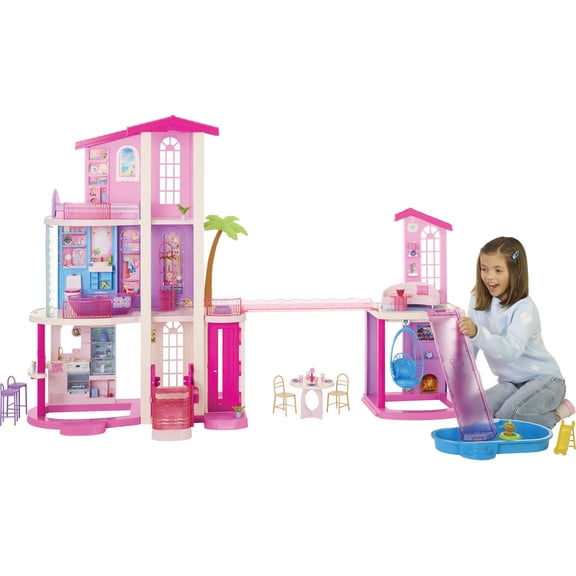Barbie Dreamhouse Dollhouse, 2 Pools, 2 Slides, 2 Houses, Elevator & 65+ Accessories