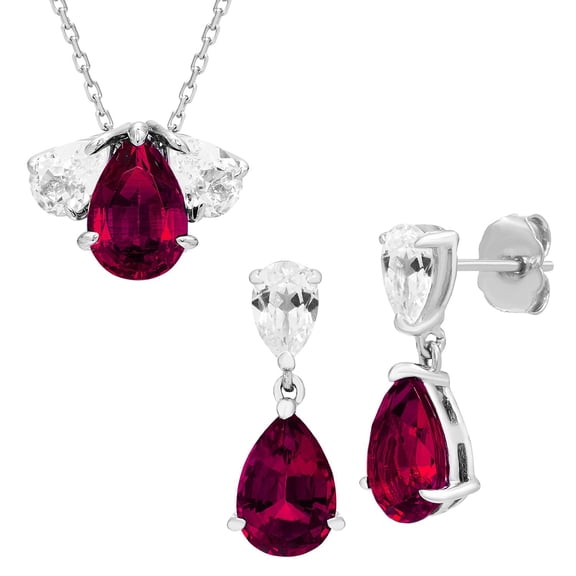 Pear Cut Lab Gemstone Earring and Necklace Set in Sterling Silver