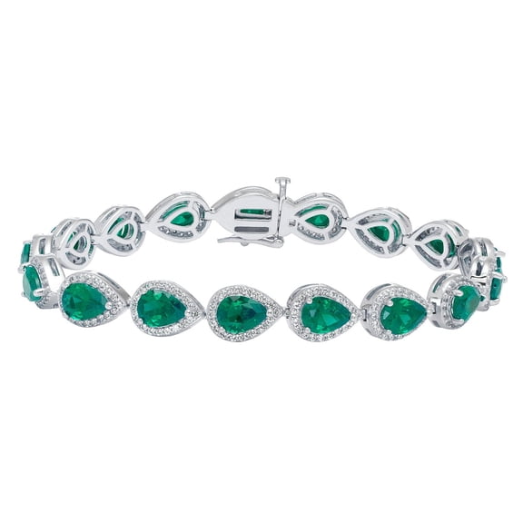 Pear Cut Lab Created Gemstone Halo Tennis Bracelet in Sterling Silver