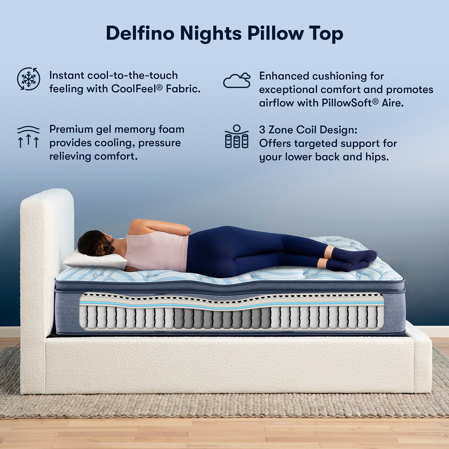 Delfino Nights Pillow Top mattress with a person lying on it.