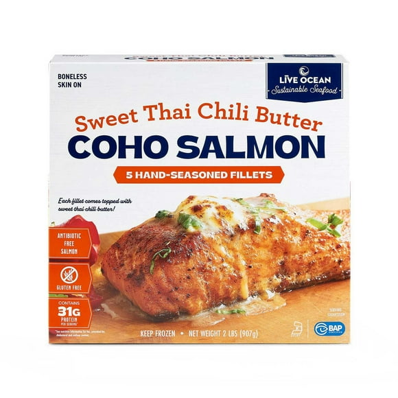 Live Ocean Seafood Sweet Thai Chili Butter Coho Salmon, Frozen, 5 ct.