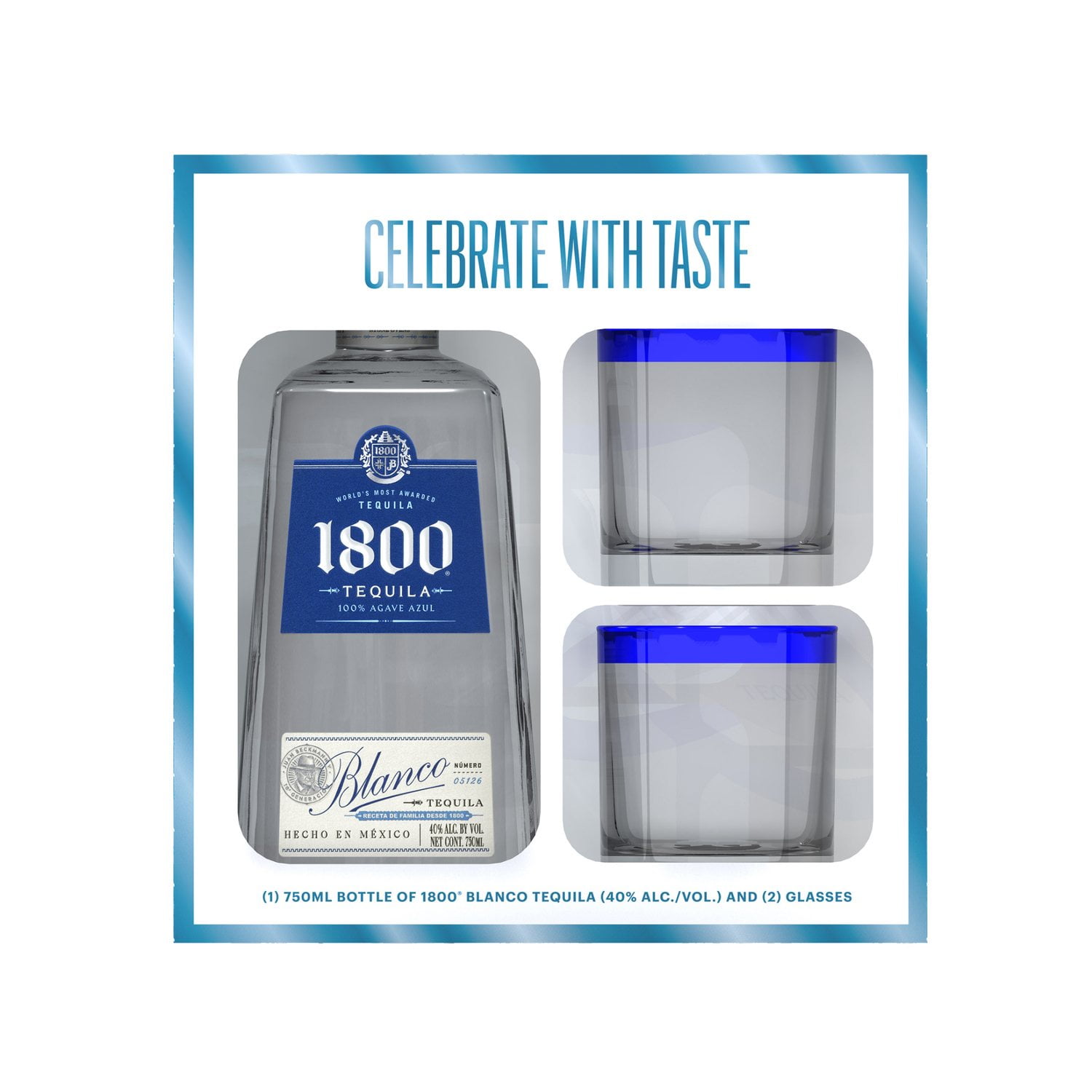 1800 Blanco Tequila, 750 ml with 2 Rocks Glasses, 12 fl. oz