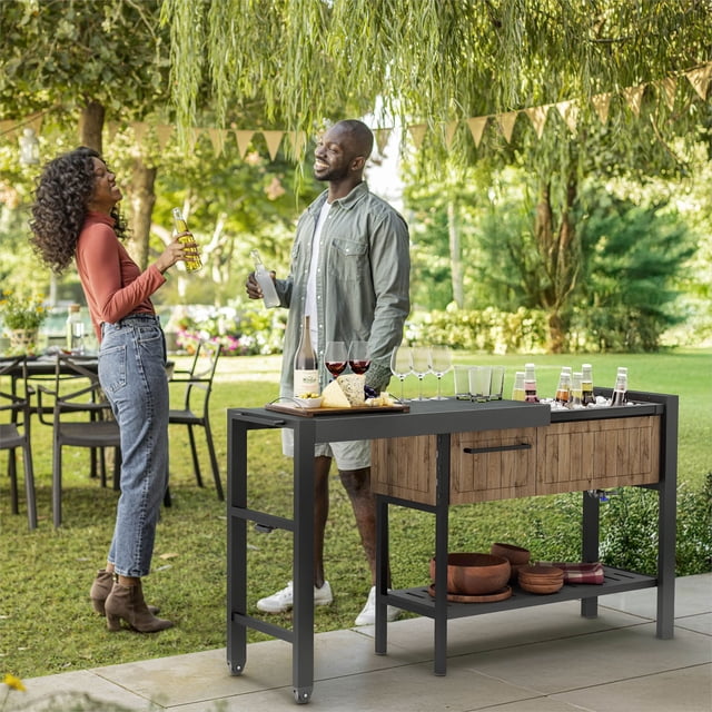 Keter Extendable Resin Outdoor Party Table Bar Cart, Pine